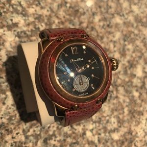 Glam rock handmade genuine leather watch, stainless steel and diamond accents